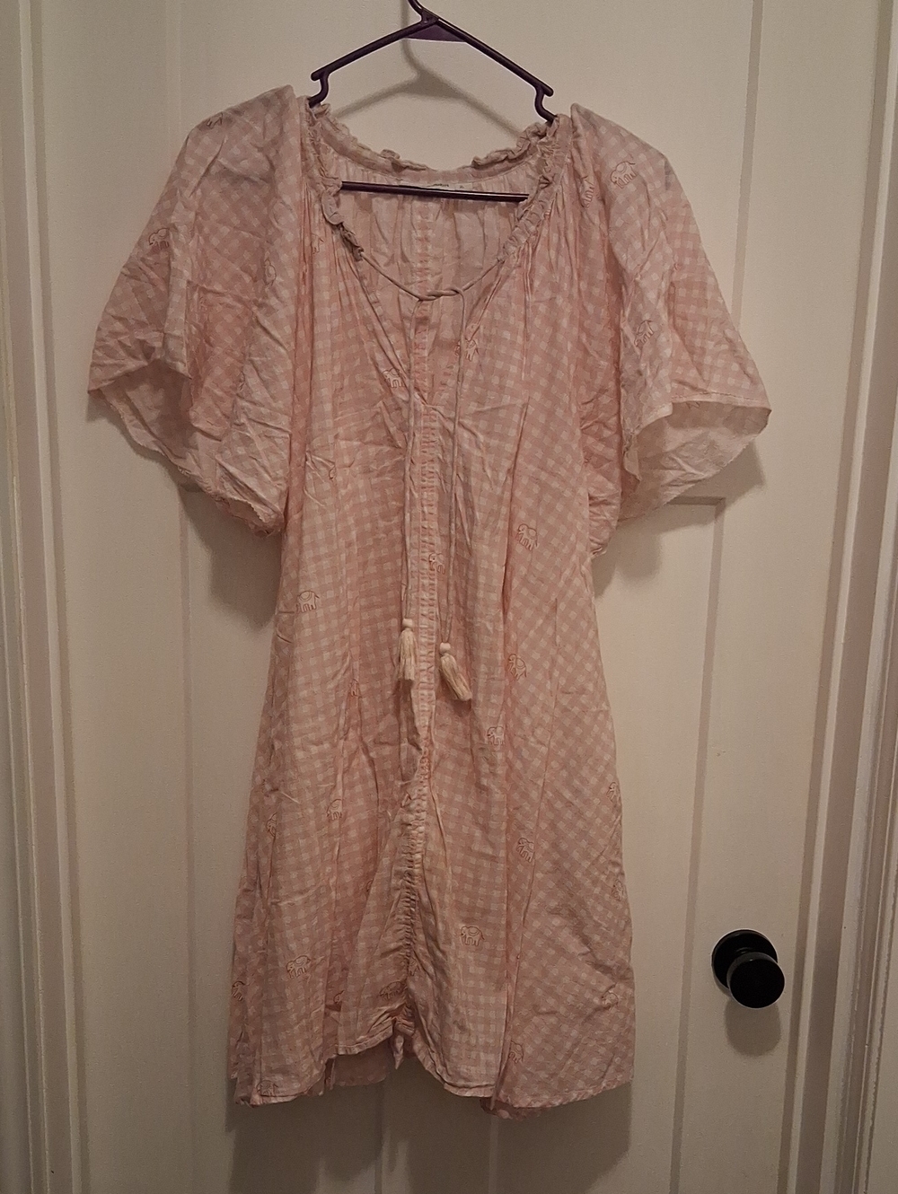 Roller Rabbit Light Pink Gingham Tie-Front Mini Dress With Pockets Size XL